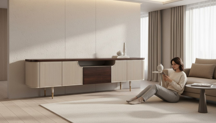Sideboard TV Stänner RTV Lowboard Holz Beige Modern Dësch Wunnzëmmer
