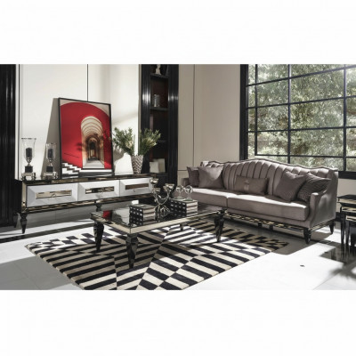 Garnitur Sofa 4 Sëtzer Stoffssofabrëll Dëscht Gro TV Stänner Set 3tlg.