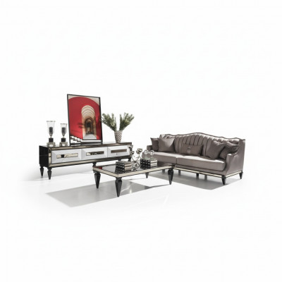 Garnitur Sofa 4 Sëtzer Stoffssofabrëll Dëscht Gro TV Stänner Set 3tlg.