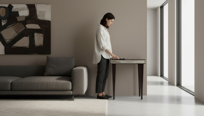 Niewentafel Kaffisdësch Couchtisch Sofadësch Holz Wunnzëmmer Brong