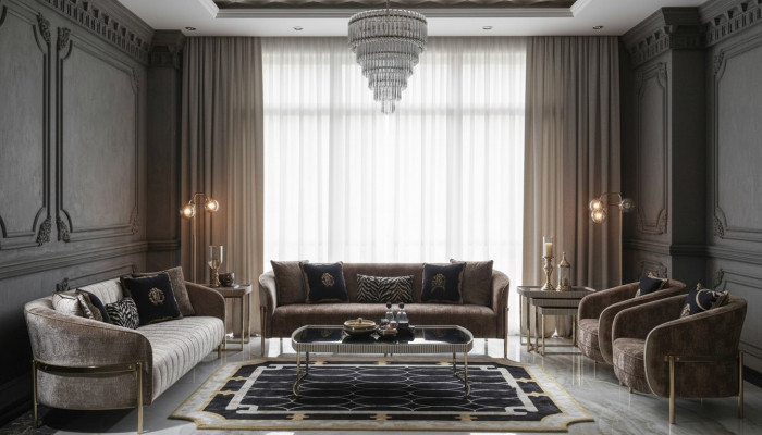 Grouss Sofa-Garnitur Dräisiichter Fauteuil Beige Stoff Dëscher 5-Deeler-Set