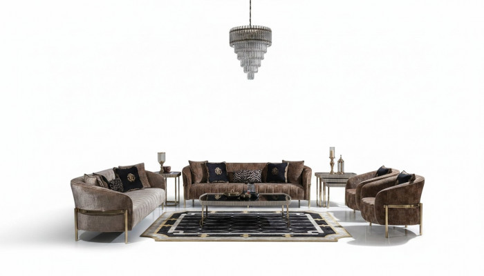 Grouss Sofa-Garnitur Dräisiichter Fauteuil Beige Stoff Dëscher 5-Deeler-Set