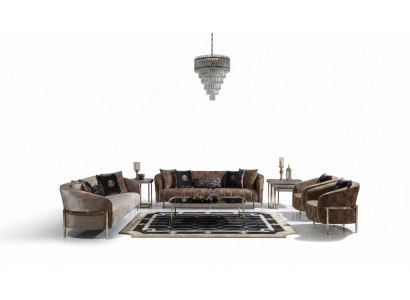 Grouss Sofa-Garnitur Dräisiichter Fauteuil Beige Stoff Dëscher 5-Deeler-Set