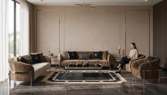 Wunnzëmmer Sofagarnitur Dräisëtzer Fotel Beige Stoffsofa Salontësch