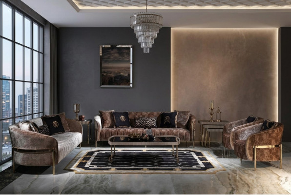 Wunnzëmmer Sofagarnitur Dräisëtzer Fotel Beige Stoffsofa Salontësch