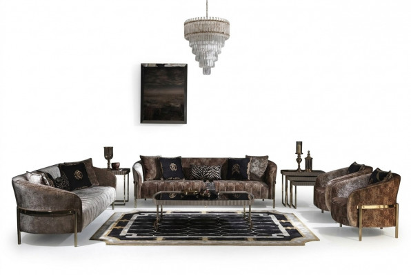 Wunnzëmmer Sofagarnitur Dräisëtzer Fotel Beige Stoffsofa Salontësch