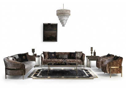 Wunnzëmmer Sofagarnitur Dräisëtzer Fotel Beige Stoffsofa Salontësch