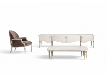 Set Wunnzëmmer Sesselen Stëbs Dësch Coffisdësch RTV Lowboard 3tlg Beige Holz