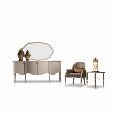 Wunnzëmmer Garnitur 4tlg. Sesselen Niewendësch Sideboard Spigel Bäige.