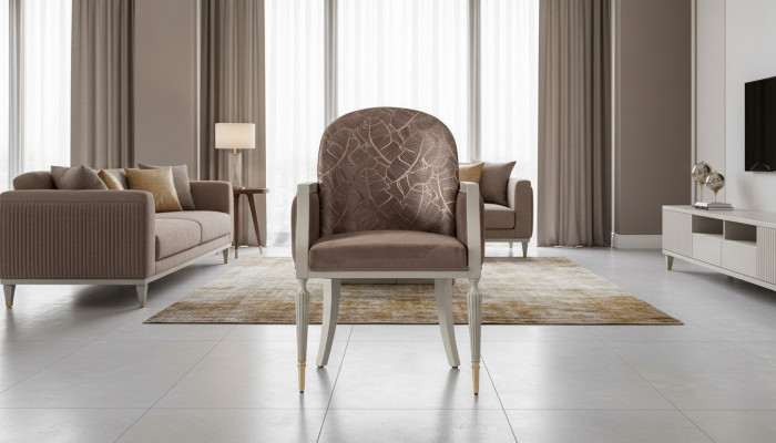 Still Sessel Design Cocktailsessel Sëtzer Beige Stoff Polster.