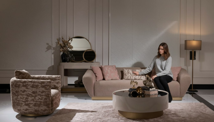 Sofaensemble Sofa 3 Sëtz Sëtzfauteuil Dëscht Couchtisch Kommod Beige Stoff 5-Stéck