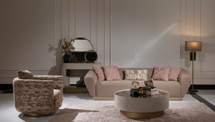 Sofaensemble Sofa 3 Sëtz Sëtzfauteuil Dëscht Couchtisch Kommod Beige Stoff 5-Stéck