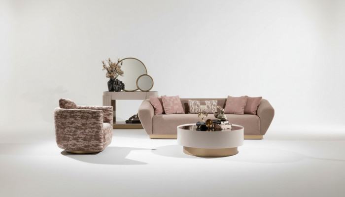 Sofaensemble Sofa 3 Sëtz Sëtzfauteuil Dëscht Couchtisch Kommod Beige Stoff 5-Stéck