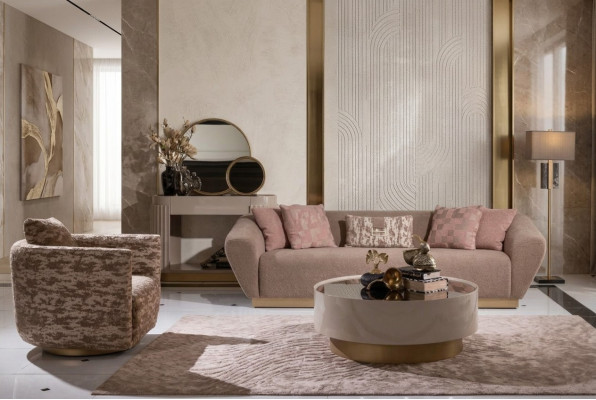 Stoffsofa Garnitur Sofa 3 Sëtzer Sessell Couchtisch Beige Stoff 3-Deeler-Set
