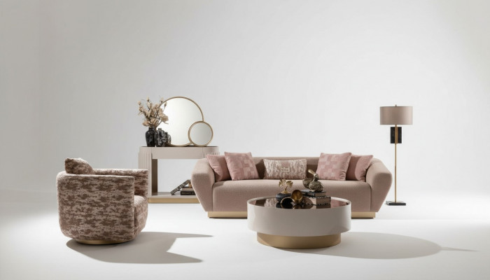 Stoffsofa Garnitur Sofa 3 Sëtzer Sessell Couchtisch Beige Stoff 3-Deeler-Set