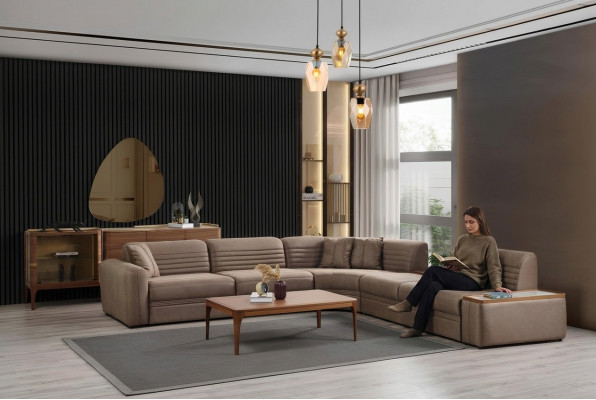 Eckcouch Sofa Kënschtleder Couchdësch Brong Polstersofa Wunnzëmmer