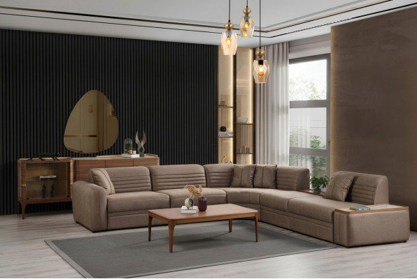 Eckcouch Sofa Kënschtleder Couchdësch Brong Polstersofa Wunnzëmmer
