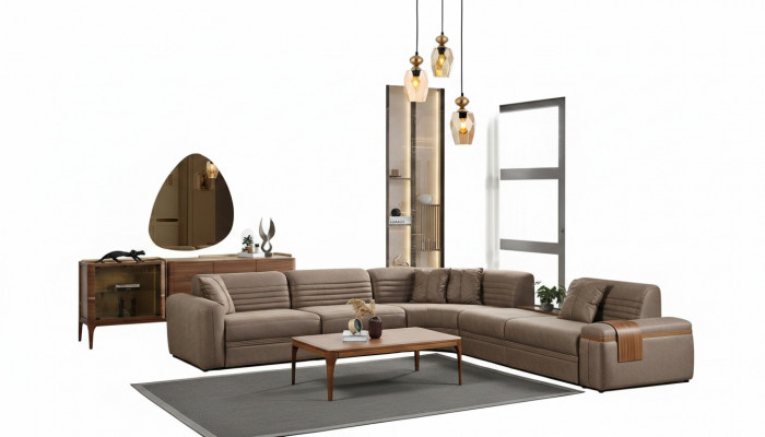 Eckcouch Sofa Kënschtleder Couchdësch Brong Polstersofa Wunnzëmmer