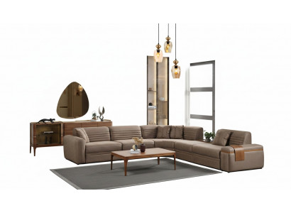Eckcouch Sofa Kënschtleder Couchdësch Brong Polstersofa Wunnzëmmer