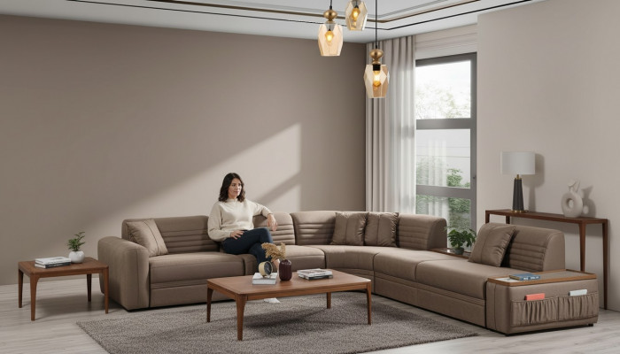 Canapé Ecksofa Sofa Kënschtläder Brong Polstersofa Wunnzëmmer Ledersofa