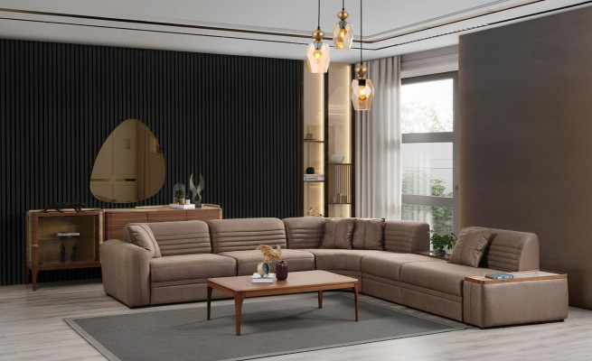 Canapé Ecksofa Sofa Kënschtläder Brong Polstersofa Wunnzëmmer Ledersofa