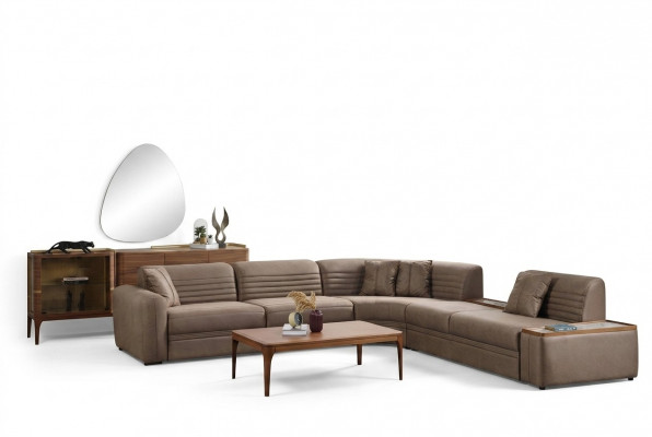 Canapé Ecksofa Sofa Kënschtläder Brong Polstersofa Wunnzëmmer Ledersofa
