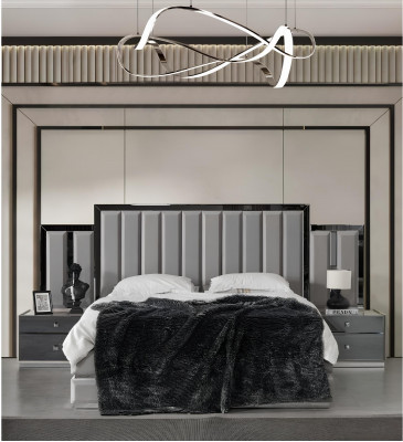 Komplett Schlofzëmmer Duebelbett, Bett, Nuetsdëscher, 4-Deeleg Grau Schaf