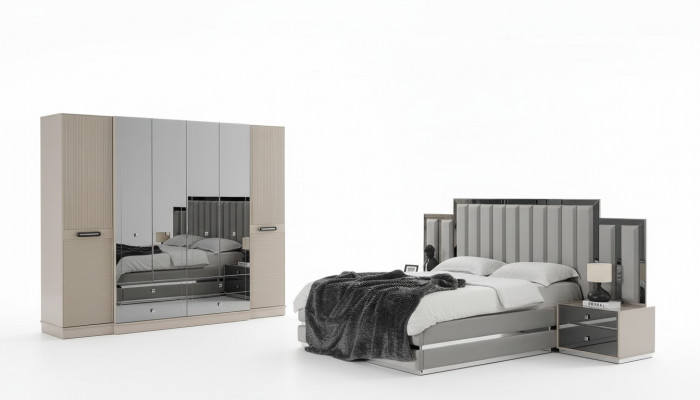 Komplett Schlofzëmmer Duebelbett, Bett, Nuetsdëscher, 4-Deeleg Grau Schaf