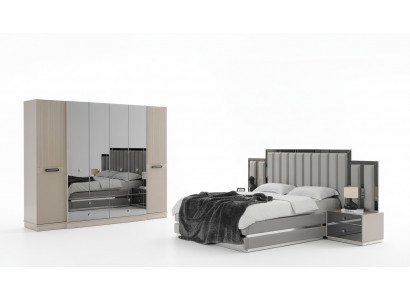Komplett Schlofzëmmer Duebelbett, Bett, Nuetsdëscher, 4-Deeleg Grau Schaf