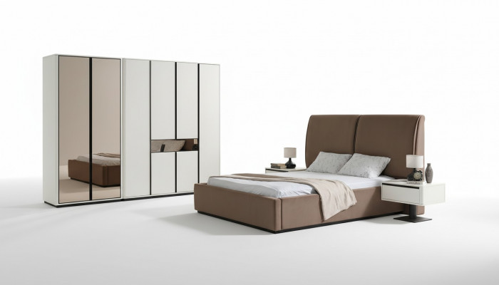 Schlofkummer Garnitur Duebelbett Bett Nuetsdëscher 4-Deeler Beige Schaf