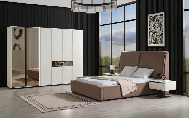 Schlofzëmmermiwwelen Schlofzëmmer Set Duebelbett Bett Nuetsdëscher 3tlg Beige