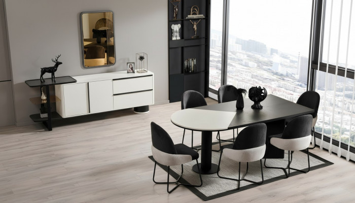Iessgrupp Iesszëmmer Grupp Iessplaz Iessdësch Still 9-deleg Holz Wäiss