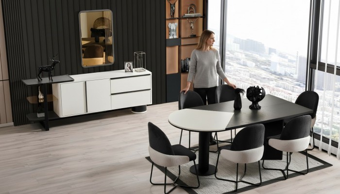 Iessgrupp Iesszëmmer Grupp Iesseck Iessdësch Still 7-Deeler Holz Schwaarz
