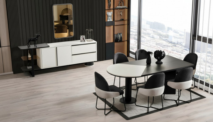 Iessgrupp Iesszëmmer Grupp Iesseck Iessdësch Still 7-Deeler Holz Schwaarz