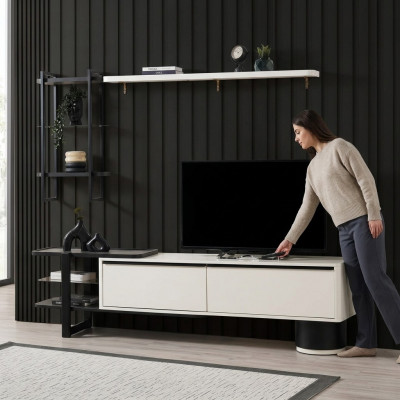 Wunnzëmmer RTV Lowboard TV Stänner Schaf Holz Wäiss Regaler Wunnwand
