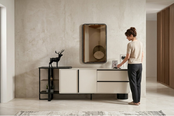 Schiefertafel Sideboard mat Spigel Anrichte Garnitur Modern Kommode Wäiss