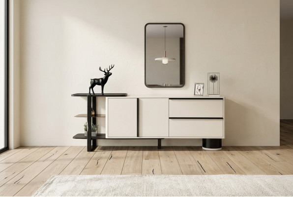 Schiefertafel Sideboard mat Spigel Anrichte Garnitur Modern Kommode Wäiss