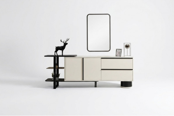 Schiefertafel Sideboard mat Spigel Anrichte Garnitur Modern Kommode Wäiss
