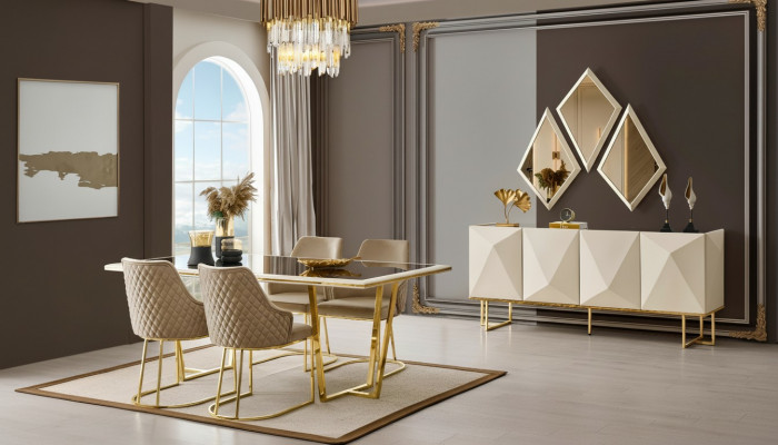 Luxus Iesswénkel Iessgrupp Iessdësch Still Beige Set 11 Deeler Iesszëmmer