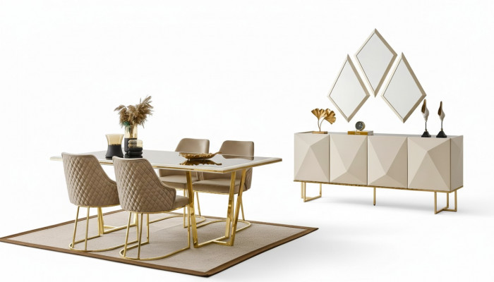 Luxus Iesswénkel Iessgrupp Iessdësch Still Beige Set 11 Deeler Iesszëmmer