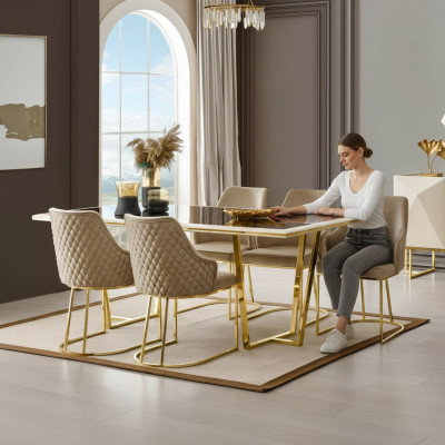 Modern Iessgrupp Luxus Iesseck Iessdësch Iessdësch Still 7 Deeler Beige Gold Set