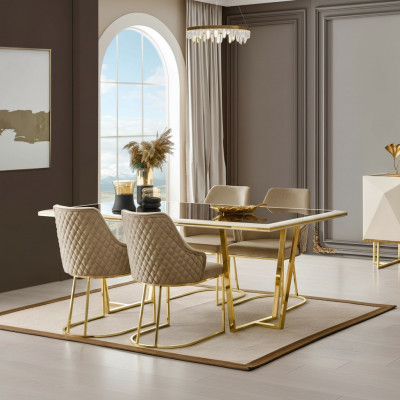 Modern Iessgrupp Luxus Iesseck Iessdësch Iessdësch Still 7 Deeler Beige Gold Set