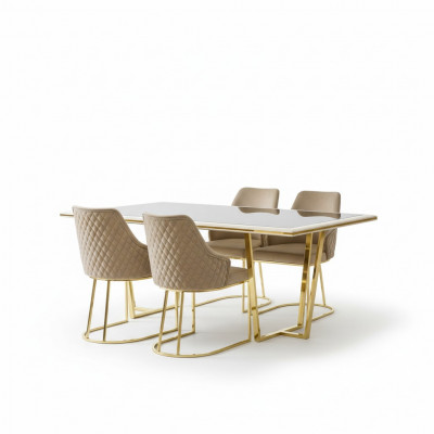 Modern Iessgrupp Luxus Iesseck Iessdësch Iessdësch Still 7 Deeler Beige Gold Set