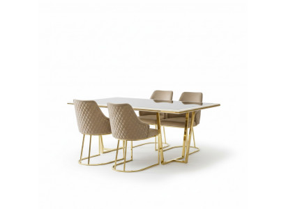 Modern Iessgrupp Luxus Iesseck Iessdësch Iessdësch Still 7 Deeler Beige Gold Set