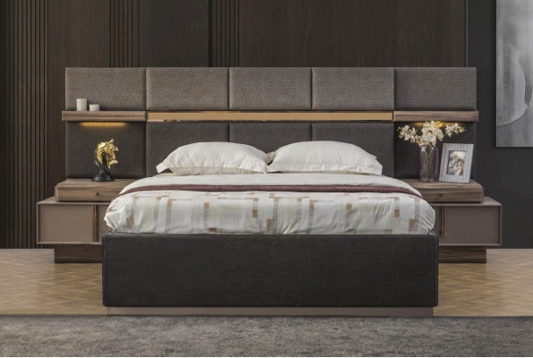 Komplett Schlofzëmmer Duebelbett Set 3 Stéck Bett Nuetsdëscher Gro Stoff