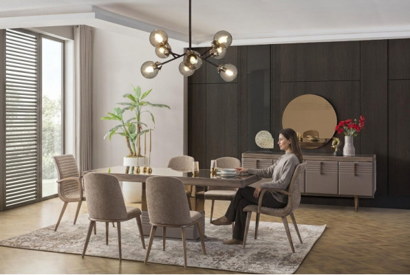 Luxus Iesseck Iesszëmmer Iessdësch Iessgrupp Still Griis Holz Set 9 Stécker