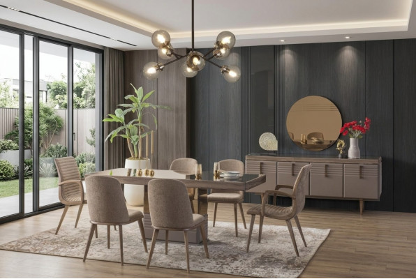 Luxus Iesseck Iesszëmmer Iessdësch Iessgrupp Still Griis Holz Set 9 Stécker