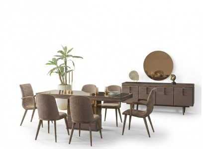 Luxus Iesseck Iesszëmmer Iessdësch Iessgrupp Still Griis Holz Set 9 Stécker