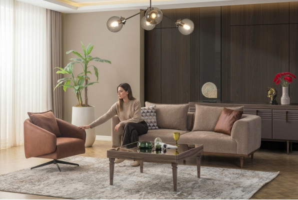 Canapé-Set Dräisëtzer Still Gepolstert Sofa Modern Stoffséi Braun Set