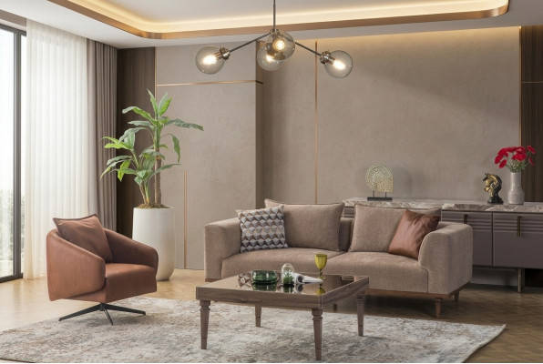 Canapé-Set Dräisëtzer Still Gepolstert Sofa Modern Stoffséi Braun Set